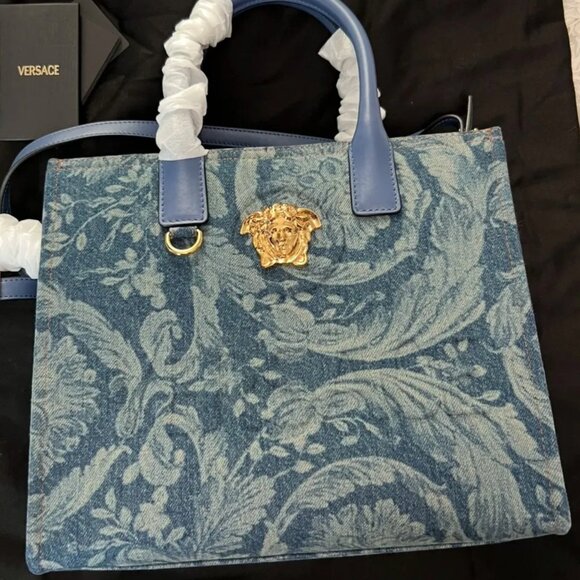 Versace Barocco La Medusa Denim Small Tote Bag - Picture 1 of 11
